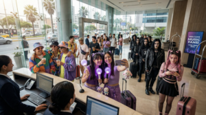 Collage de huéspedes en lobby de hotel con estilos urbano, rock y k-pop representando la temporada de conciertos Lima 2026